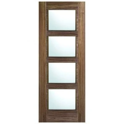 Vancouver Walnut Pre-Finished 4 Glazed Clear Light Panels Interior Fire Door FD30 - All Sizes 1 Vancouver Walnut Pre-Finished 4 Glazed Clear Light Panels Interior Fire Door FD30 - All Sizes